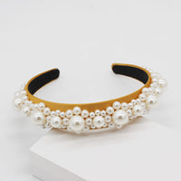 HKM-701011 Elegant Braided Large Pearl Hair Band with Geometric Plaid Design in Artificial Leather