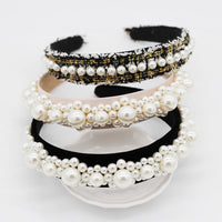 HKM-701011 Elegant Braided Large Pearl Hair Band with Geometric Plaid Design in Artificial Leather