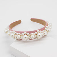 HKM-701011 Elegant Braided Large Pearl Hair Band with Geometric Plaid Design in Artificial Leather