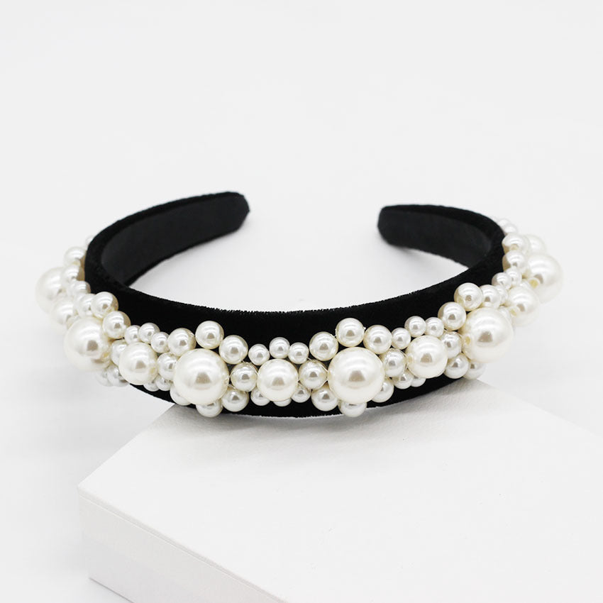 HKM-701011 Elegant Braided Large Pearl Hair Band with Geometric Plaid Design in Artificial Leather