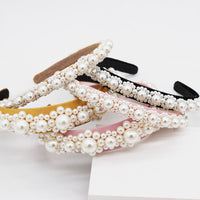 HKM-701011 Elegant Braided Large Pearl Hair Band with Geometric Plaid Design in Artificial Leather