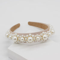HKM-701011 Elegant Braided Large Pearl Hair Band with Geometric Plaid Design in Artificial Leather