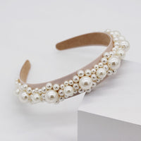 HKM-701011 Elegant Braided Large Pearl Hair Band with Geometric Plaid Design in Artificial Leather