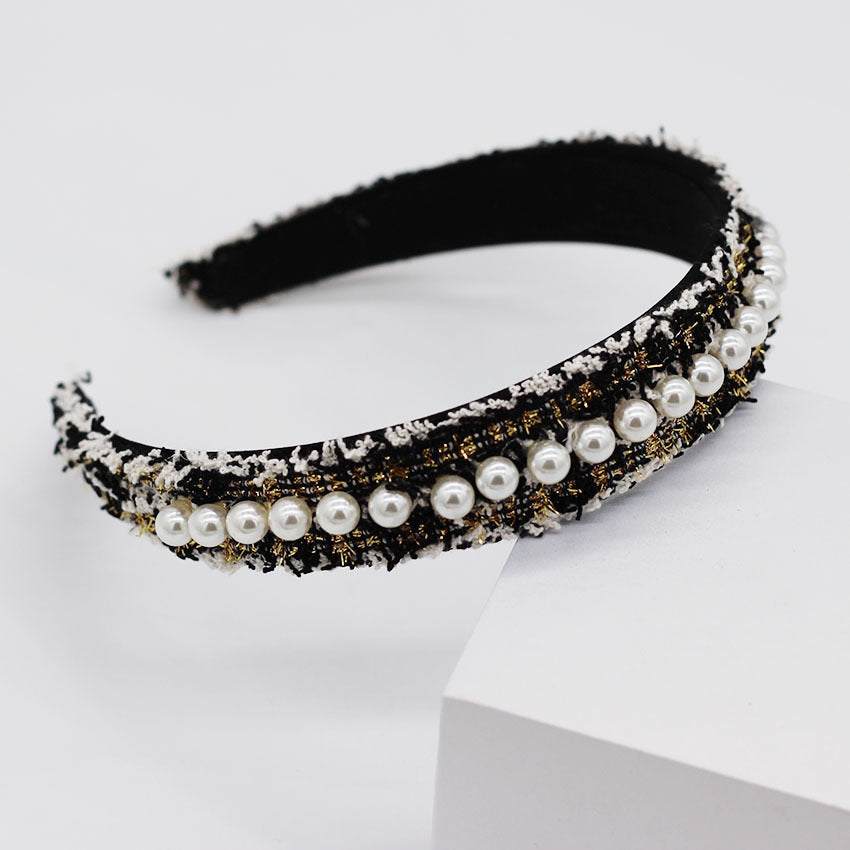 HKM-701011 Elegant Braided Large Pearl Hair Band with Geometric Plaid Design in Artificial Leather