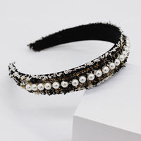 HKM-701011 Elegant Braided Large Pearl Hair Band with Geometric Plaid Design in Artificial Leather