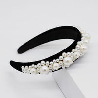 HKM-701011 Elegant Braided Large Pearl Hair Band with Geometric Plaid Design in Artificial Leather