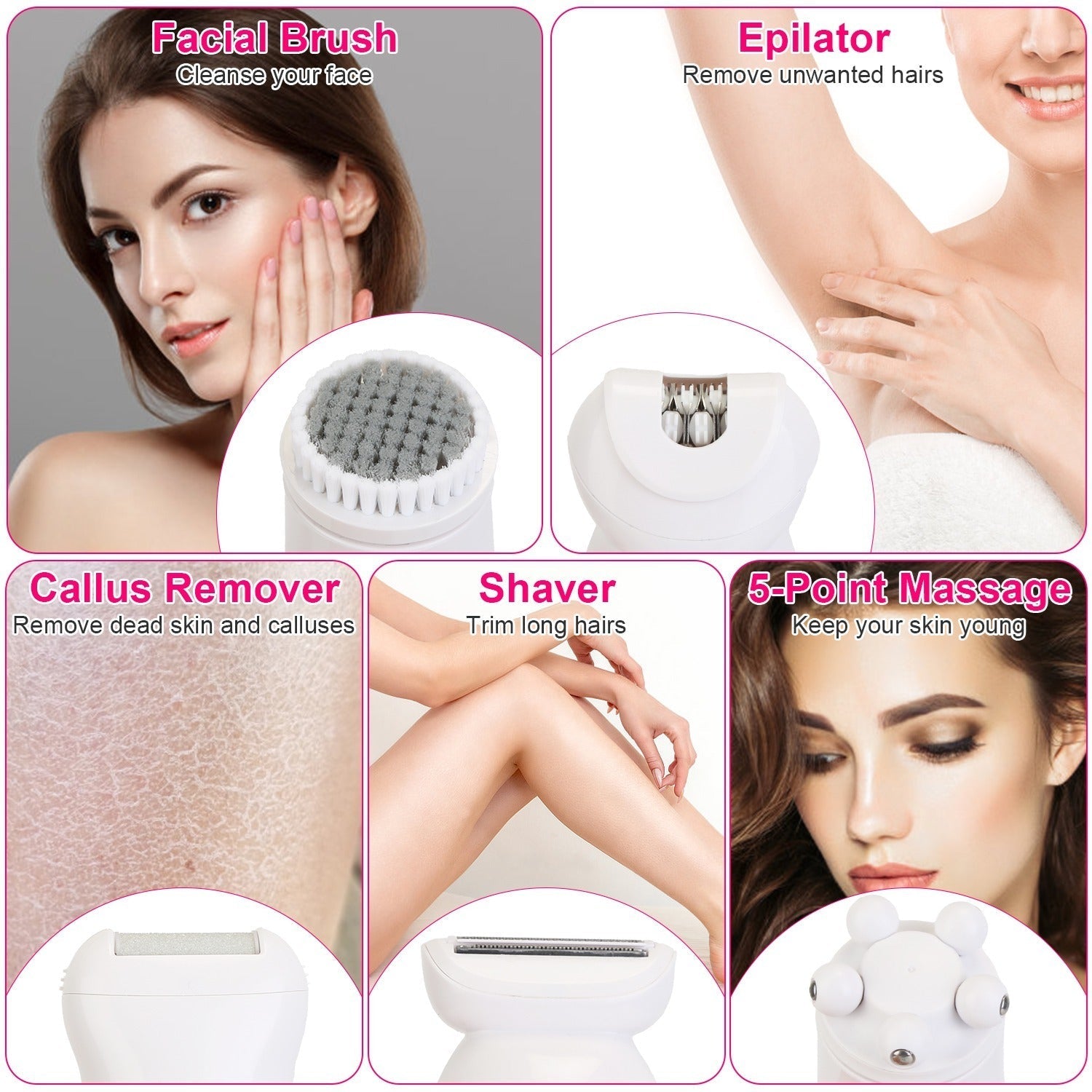 HKM-629715 5-in-1 Rechargeable Women's Grooming Kit with Epilator, Shaver, Facial Brush, Callus Remover, and Massager