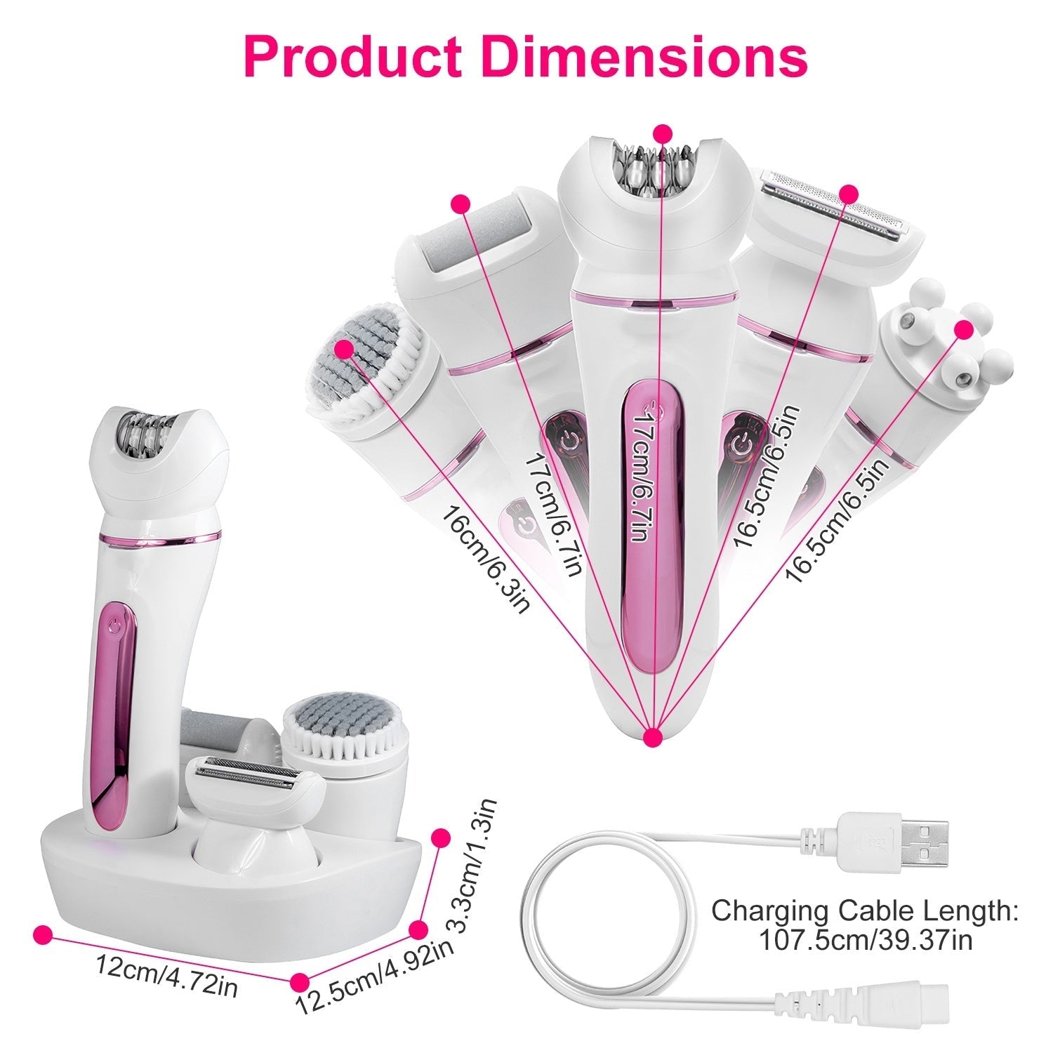 HKM-629715 5-in-1 Rechargeable Women's Grooming Kit with Epilator, Shaver, Facial Brush, Callus Remover, and Massager