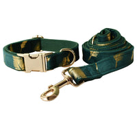 HKM-853779 Emerald Feather Pattern Cotton Pet Collar and Leash Set with Bow