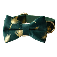 HKM-853779 Emerald Feather Pattern Cotton Pet Collar and Leash Set with Bow