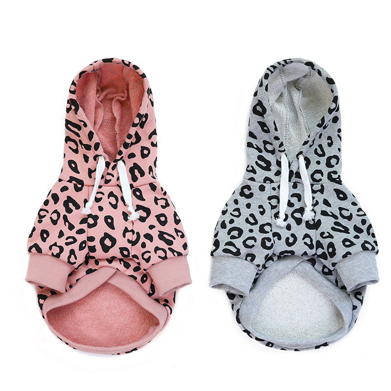 HKM-643539 Leopard Print Hooded Dog Sweatshirt in Gray and Pink - Stylish and Comfortable Outwear