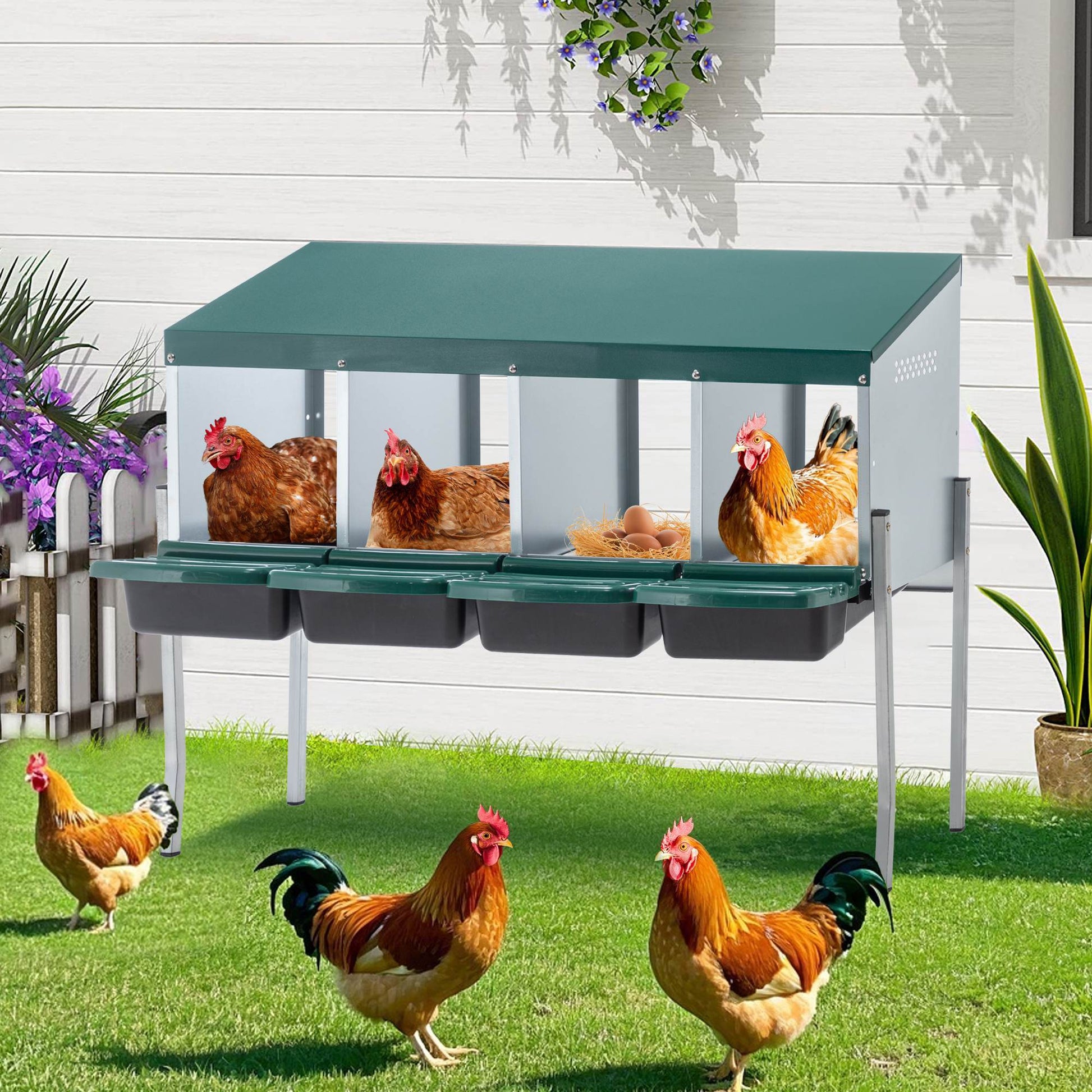 HKM-317587 Galvanized Steel 4-Hole Chicken Nest with Legs and Cover for Easy Egg Collection and Cleaning