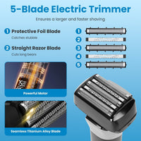 HKM-115475 5-Blade Electric Foil Face Shaver with Precision Trimmer, Wet & Dry Use, IPX6 Waterproof, LED Display, Rechargeable Battery