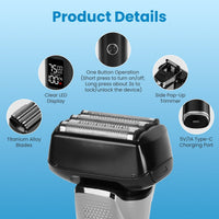 HKM-115475 5-Blade Electric Foil Face Shaver with Precision Trimmer, Wet & Dry Use, IPX6 Waterproof, LED Display, Rechargeable Battery
