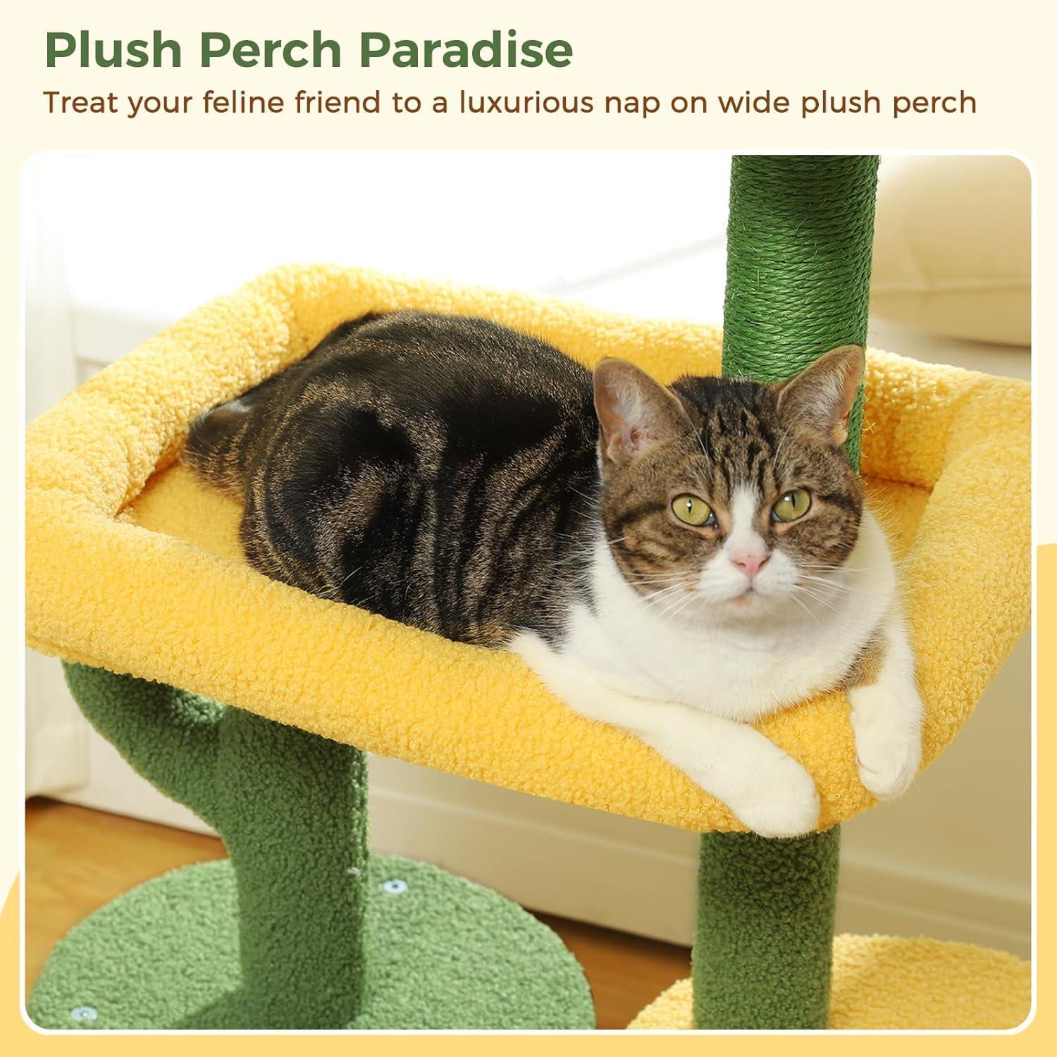 HKM-939027 Cactus Shaped Cat Tower with Scratching Post and Plush Bed for Indoor Cats