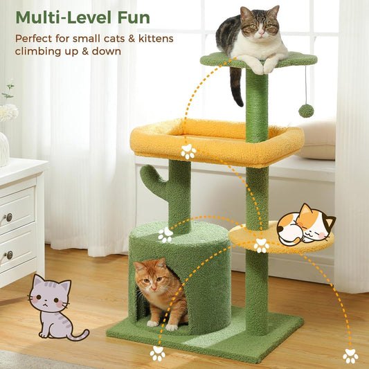 HKM-939027 Cactus Shaped Cat Tower with Scratching Post and Plush Bed for Indoor Cats