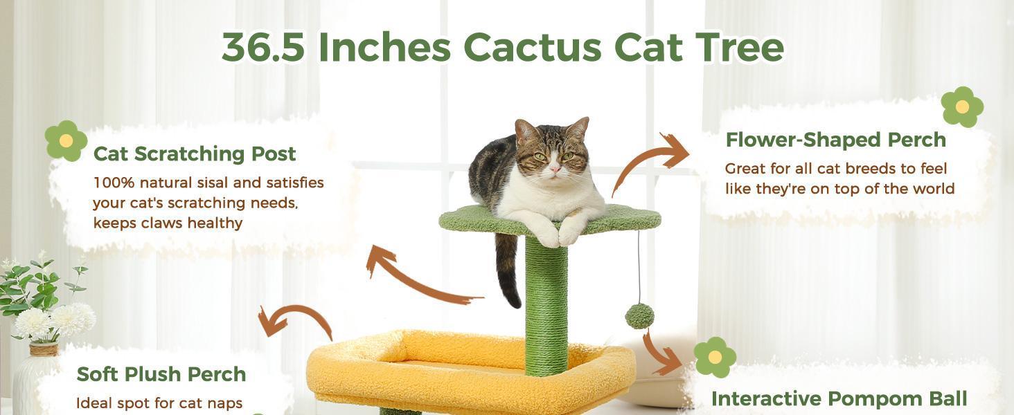 HKM-939027 Cactus Shaped Cat Tower with Scratching Post and Plush Bed for Indoor Cats