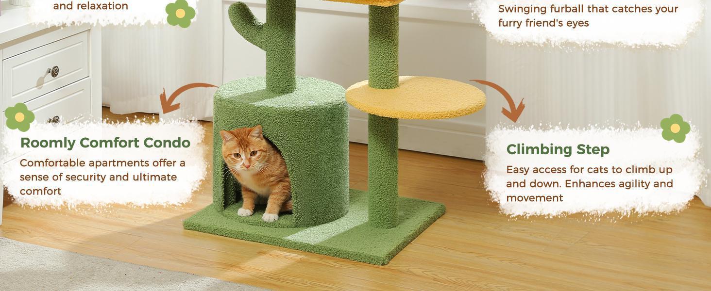 HKM-939027 Cactus Shaped Cat Tower with Scratching Post and Plush Bed for Indoor Cats