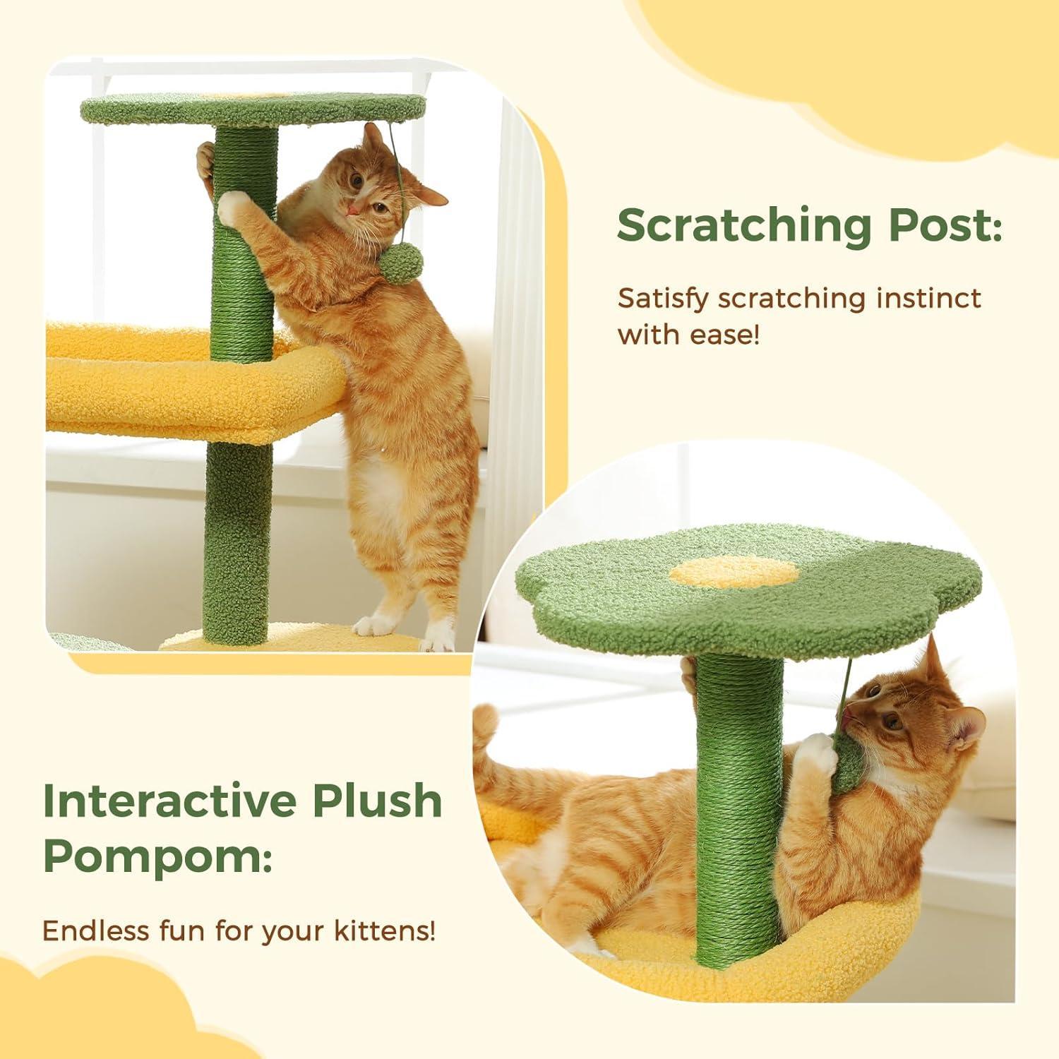 HKM-939027 Cactus Shaped Cat Tower with Scratching Post and Plush Bed for Indoor Cats