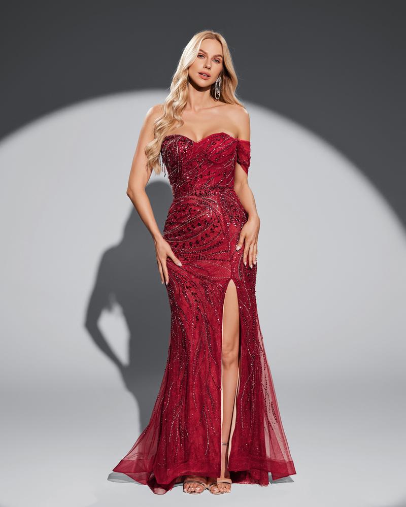 HKM-429779 Elegant Red Evening Dress with Luxe Design and Flattering Fit
