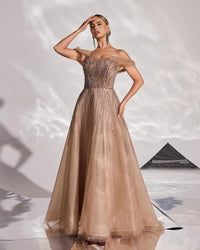 HKM-270547 Elegant Brown Evening Dress for Women - Sophisticated Style for Special Occasions