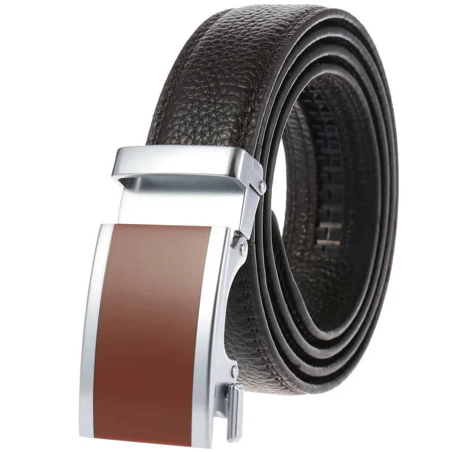 HKM-495635 Cowhide Leather Automatic Buckle Ratchet Belt for Men - Model LY33-22055-5
