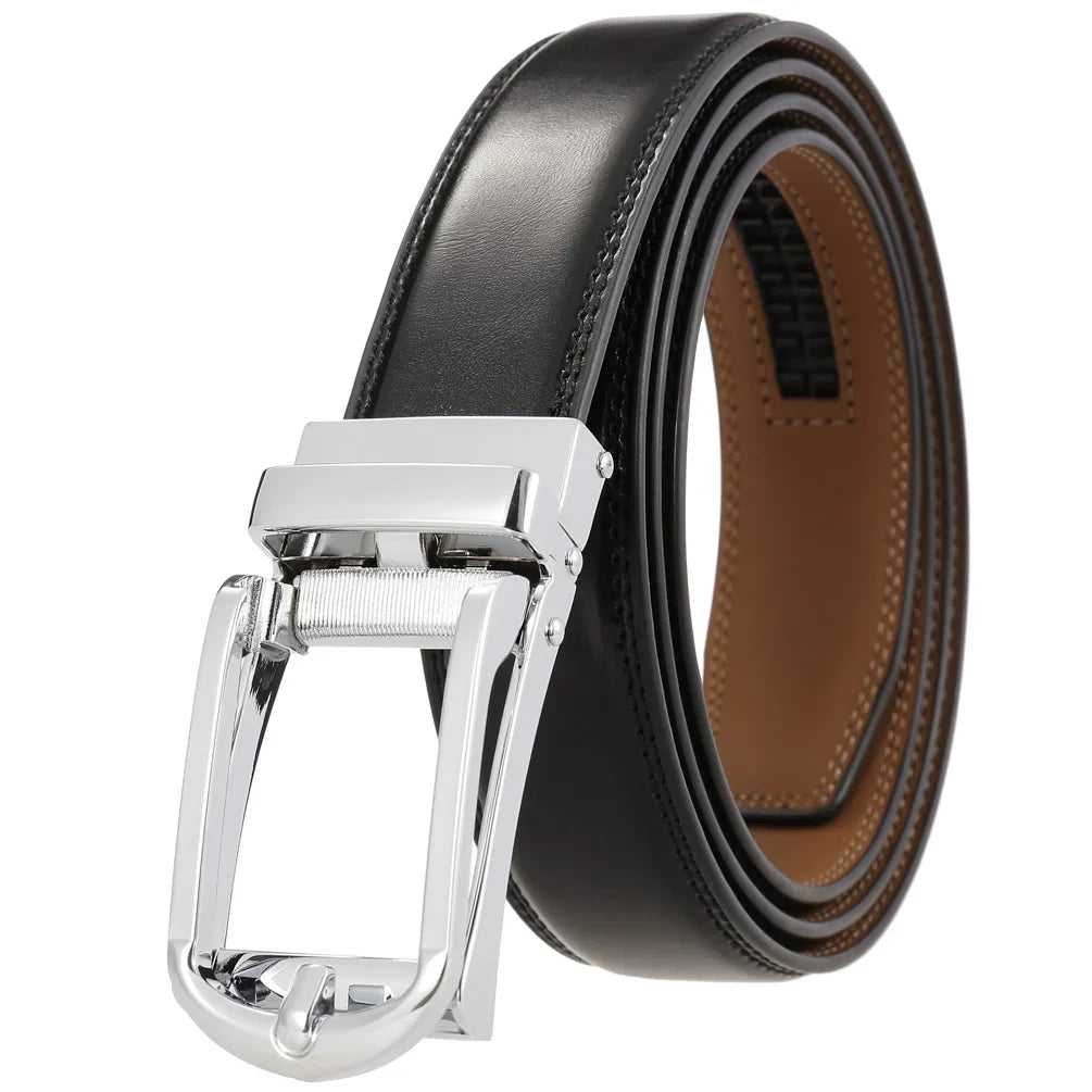 HKM-642515 Men's Genuine Leather Automatic Buckle Ratchet Belt - Custom Logo Option Available