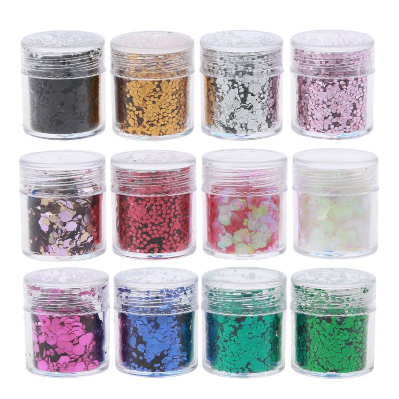 HKM-464787 Hexagonal Glitter Sequin Set - 12 Colors for Body, Face & Nail Art, 10ml Each