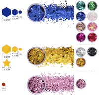 HKM-464787 Hexagonal Glitter Sequin Set - 12 Colors for Body, Face & Nail Art, 10ml Each