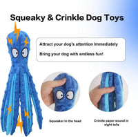 HKM-080339 Durable Octopus Dog Squeaky Toy for Teething and Interactive Play - No Stuffing, Crinkle Plush Design for Small to Large Dogs