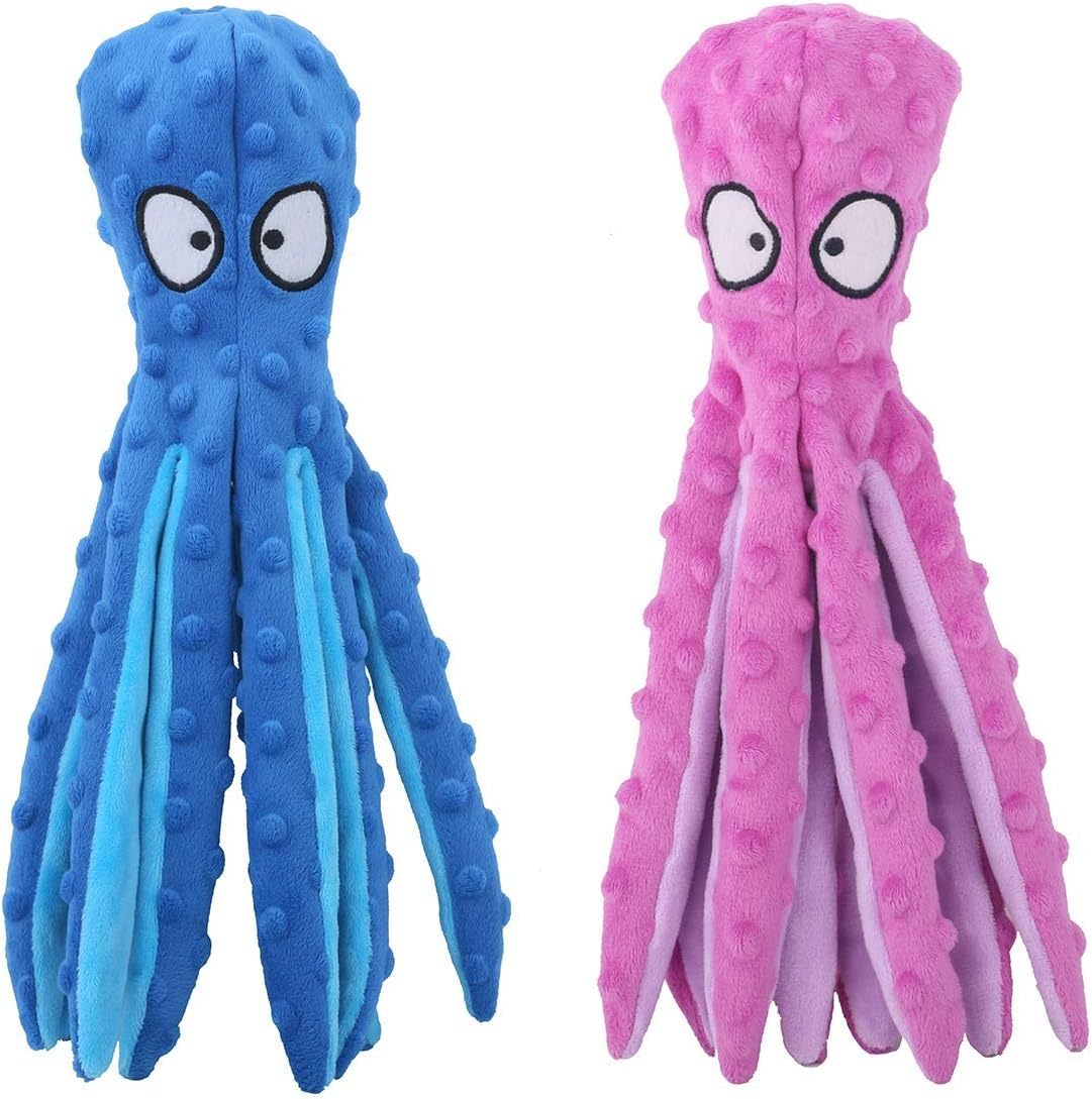 HKM-080339 Durable Octopus Dog Squeaky Toy for Teething and Interactive Play - No Stuffing, Crinkle Plush Design for Small to Large Dogs