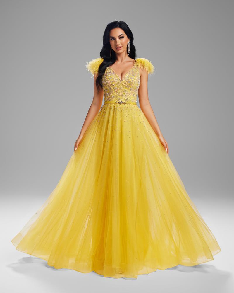 HKM-480659 Elegant Yellow Evening Gown for Women - Style EZ25077