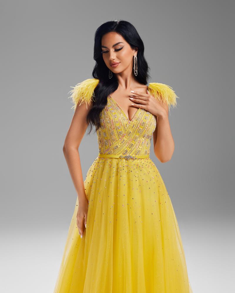 HKM-480659 Elegant Yellow Evening Gown for Women - Style EZ25077