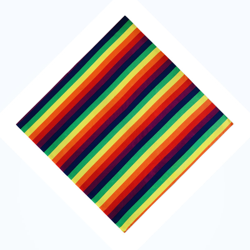 HKM-734739 Rainbow Striped Polyester Cotton Square Towel and Hair Ring Set for Outdoor Use, 54x54CM