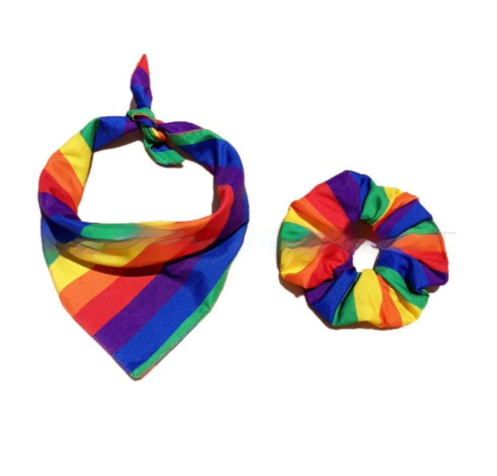 HKM-734739 Rainbow Striped Polyester Cotton Square Towel and Hair Ring Set for Outdoor Use, 54x54CM