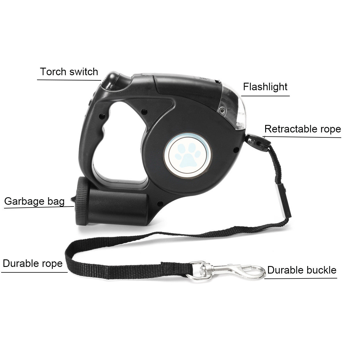 HKM-801747 3-in-1 Retractable Dog Leash with Flashlight and Built-in Waste Bag Dispenser - Durable ABS and Nylon Design, 4.5m Length, Supports Up to 45kg
