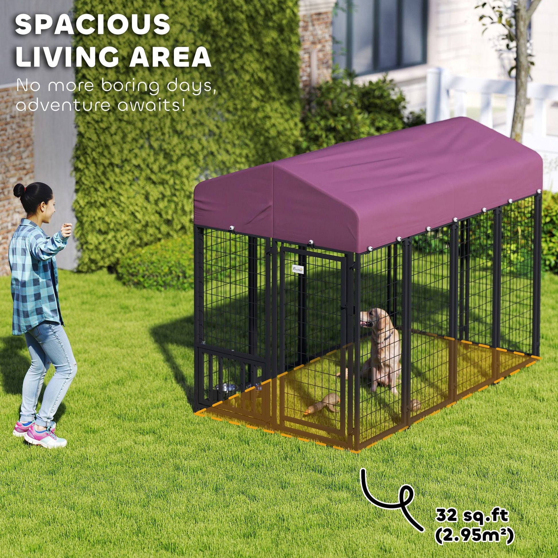 HKM-367315 Welded Wire Outdoor Dog Kennel with Adjustable Feeding Bowls and Waterproof Cover, 7.9 x 4 x 6 ft