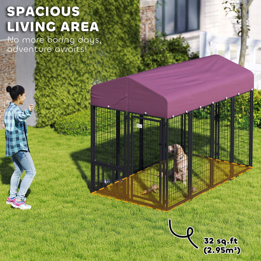 HKM-367315 Welded Wire Outdoor Dog Kennel with Adjustable Feeding Bowls and Waterproof Cover, 7.9 x 4 x 6 ft