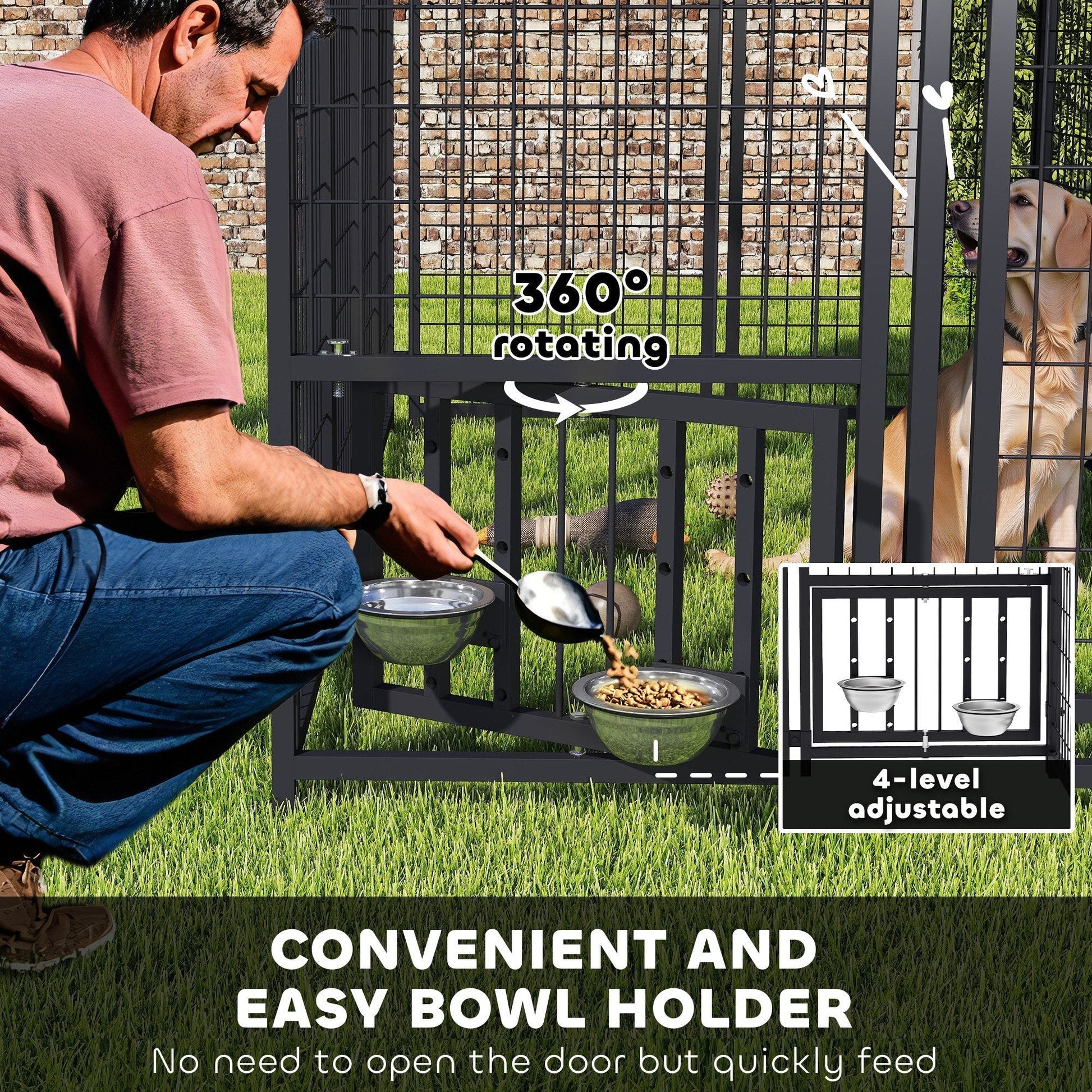 HKM-367315 Welded Wire Outdoor Dog Kennel with Adjustable Feeding Bowls and Waterproof Cover, 7.9 x 4 x 6 ft