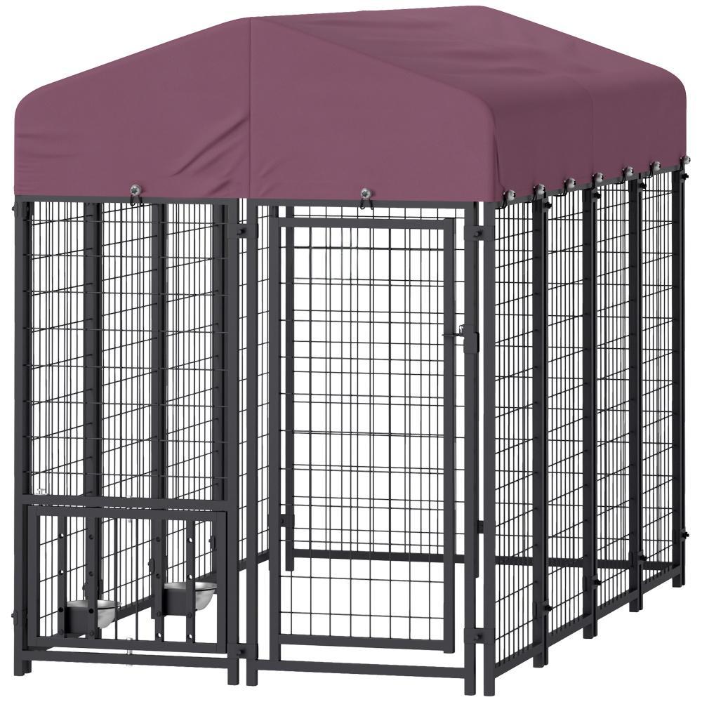 HKM-367315 Welded Wire Outdoor Dog Kennel with Adjustable Feeding Bowls and Waterproof Cover, 7.9 x 4 x 6 ft