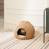HKM-464467 Natural Water Hyacinth Woven Circular Cat Bed with Handle - 18"x18"x18" - Eco-Friendly Design