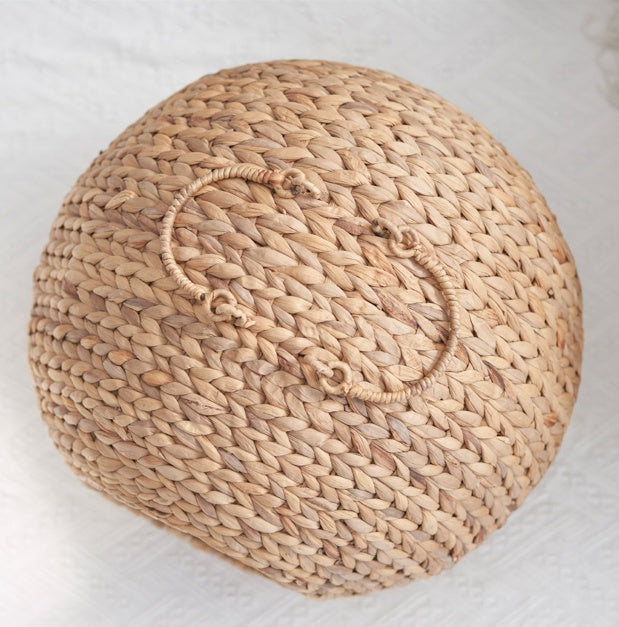 HKM-464467 Natural Water Hyacinth Woven Circular Cat Bed with Handle - 18"x18"x18" - Eco-Friendly Design