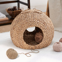 HKM-464467 Natural Water Hyacinth Woven Circular Cat Bed with Handle - 18"x18"x18" - Eco-Friendly Design