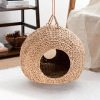 HKM-464467 Natural Water Hyacinth Woven Circular Cat Bed with Handle - 18"x18"x18" - Eco-Friendly Design