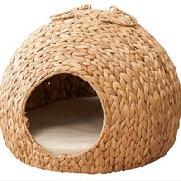 HKM-464467 Natural Water Hyacinth Woven Circular Cat Bed with Handle - 18"x18"x18" - Eco-Friendly Design