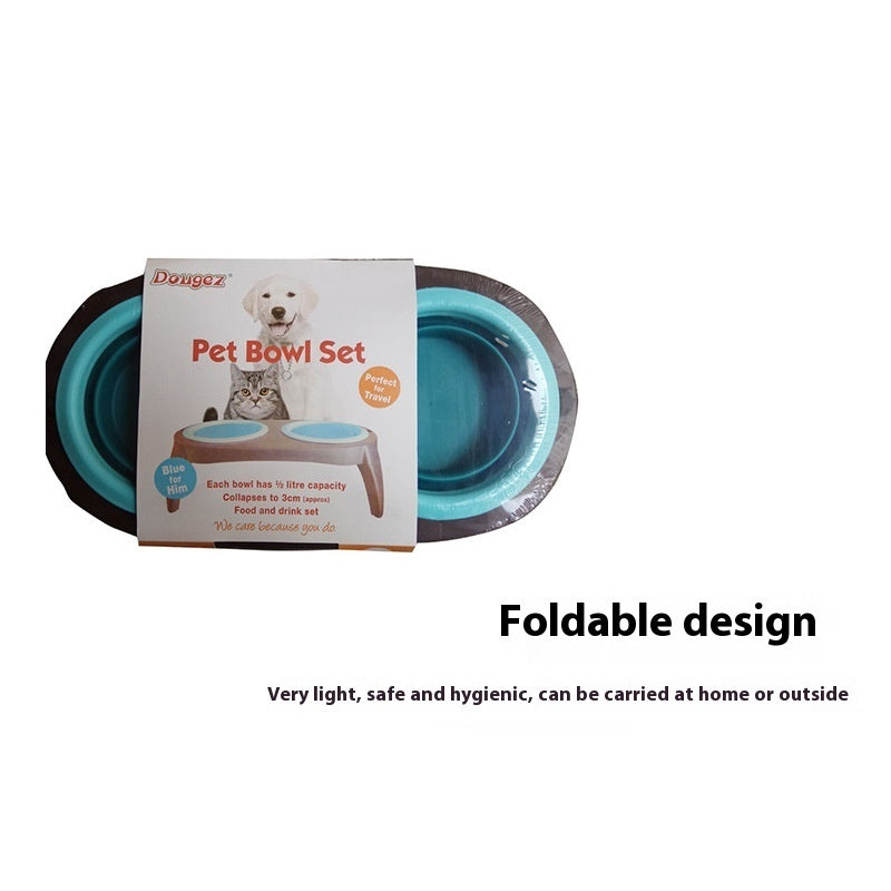 JMT-158346 Folding Double Dog Bowl Feeder - Blue & Pink TPR and PP Pet Tableware