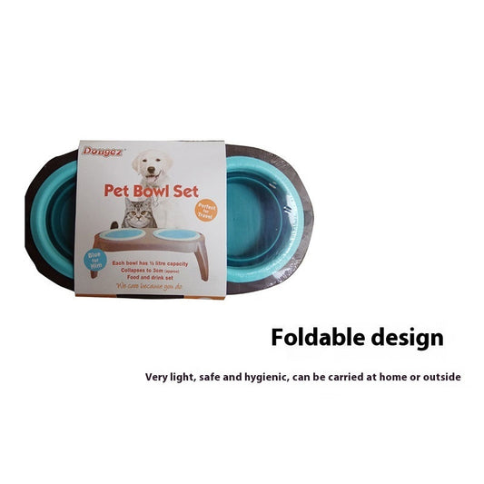 HKM-050835 Folding Double Dog Bowl Feeder - Blue & Pink TPR and PP Pet Tableware