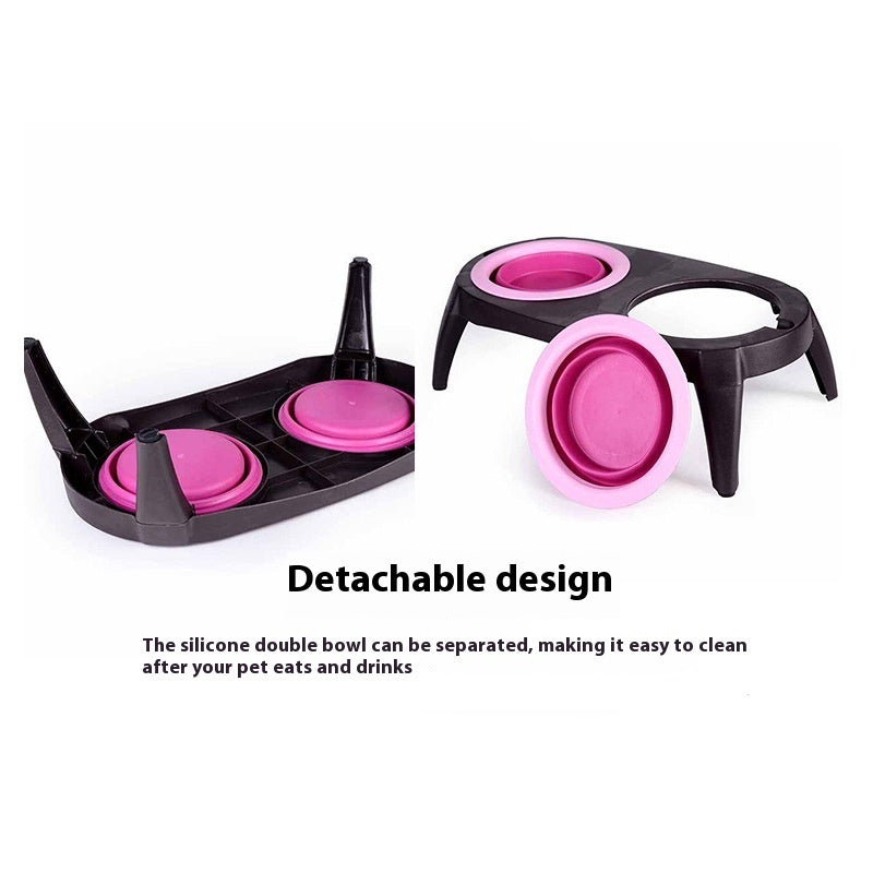 JMT-158346 Folding Double Dog Bowl Feeder - Blue & Pink TPR and PP Pet Tableware