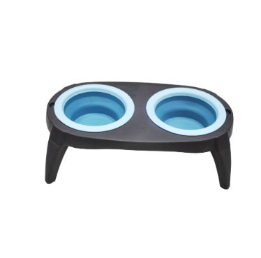 JMT-158346 Folding Double Dog Bowl Feeder - Blue & Pink TPR and PP Pet Tableware