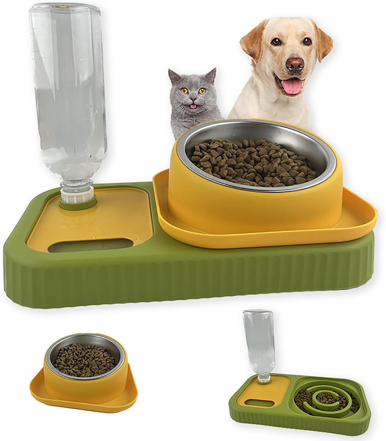 HKM-856723 Elevated Cat and Dog Food and Water Bowl Set with Stainless Steel Slow Feeder and Automatic Gravity Water Dispenser